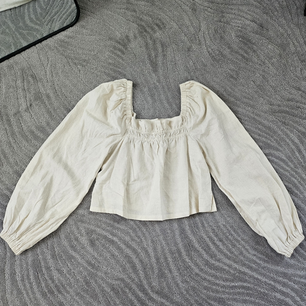 Cream Smocked Square-Neck Peasant Top - Women